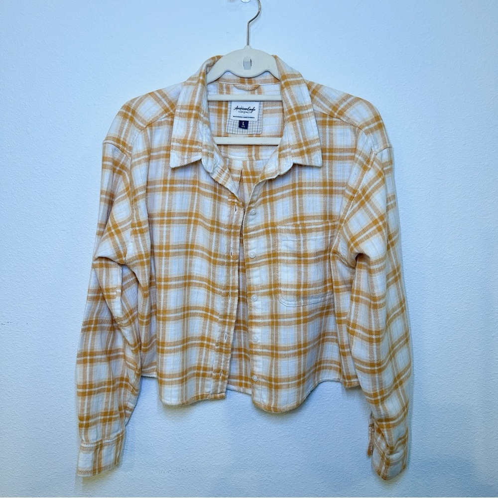 AMERICAN EAGLE (AE)•Distressed, Yellow/White Plaid, Cotton Flannel, Women's L